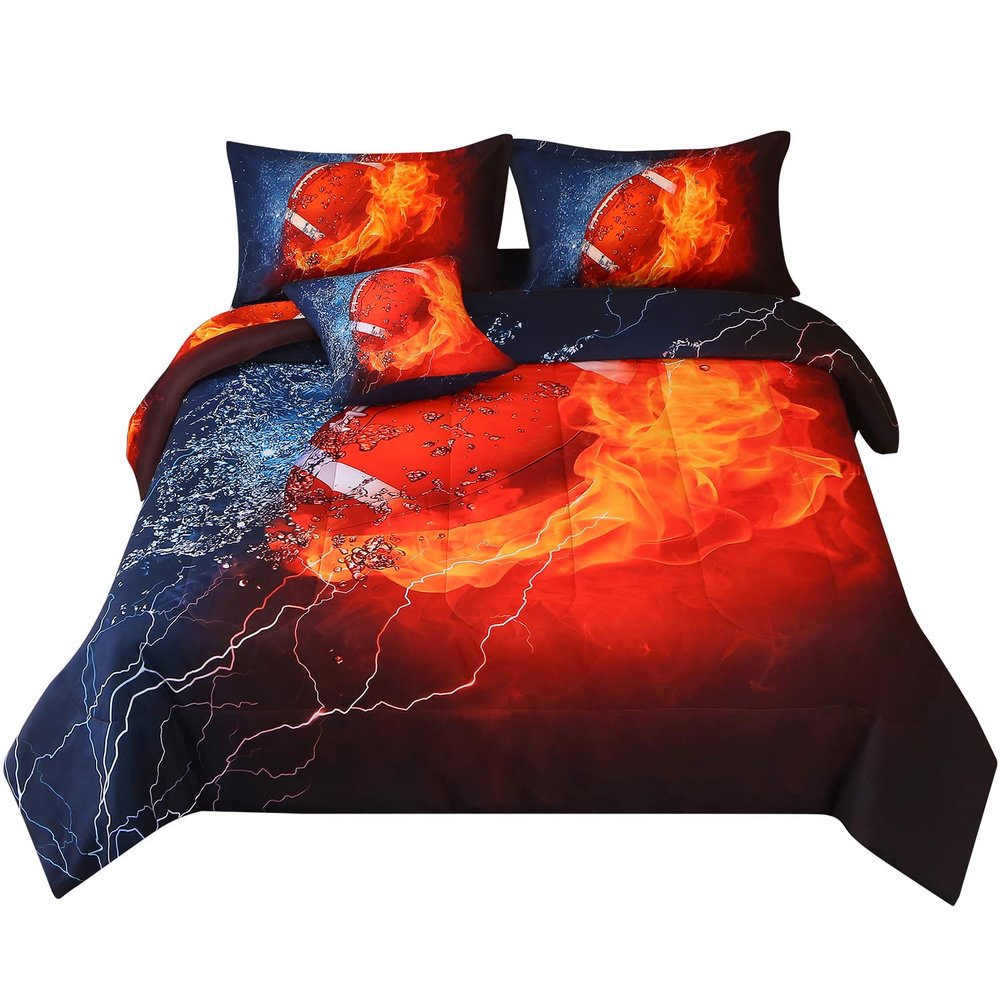JQinHome Queen Football and Fire Comforter Sets for Boys,6 Piece Bed in A Bag Sport Themed Bedding -All Season Soft Microfiber Bedding Sets, with Pillowcase, Flat Sheet, Fitted Sheet,Cushion Cover