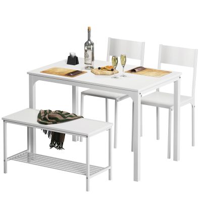 soges 4 Person Dining Table Set,43.3 inch Kitchen Table Set for 4,2 Chairs with Backrest,2-Person Bench with Storage, White Rack,Nesting Furniture Set for Dining Room and Restaurant, White
