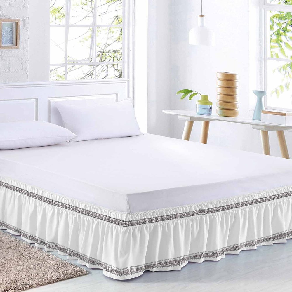 Bohemian Bed Skirt Queen Size 16 Inch Drop, Adjustable & Elastic Wrap Around Bed Skirts Pleated Luxury Dust Ruffles for Twin Full Queen Cal King Base Bed, Ethnic Black Tribal Unique Chic Boho
