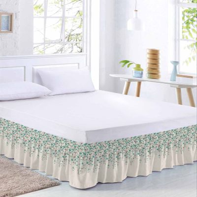 Teal Flower Leaves Bed Skirt Queen Size 18 Inch Drop,Adjustable & Elastic Wrap Around Bed Skirts Pleated Luxury Dust Ruffles for Twin Full Queen Cal King Base Bed,Summer Fall Retro Grey Plant Flowers