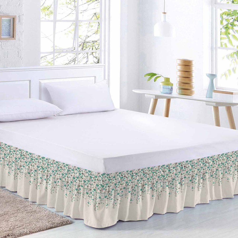 Teal Flower Leaves Bed Skirt Queen Size 18 Inch Drop,Adjustable & Elastic Wrap Around Bed Skirts Pleated Luxury Dust Ruffles for Twin Full Queen Cal King Base Bed,Summer Fall Retro Grey Plant Flowers