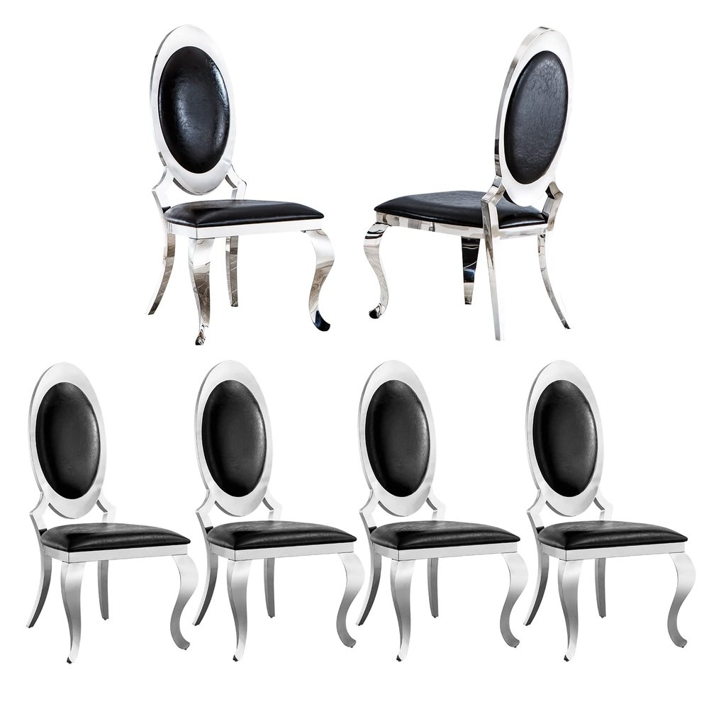 Elegant Dining Chairs Set of 6, Modern Faux Leather Dining Room Chair w/Unique Oval Back Silver Stainess Legs,White Luxury Upholstered Accent Kitchen Chairs for Kitchen, Dining, Bedroom, Living Room