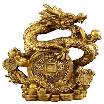 15.6" Brass Gilt Fengshui Classical Dragon Lucky Wealth Zodiac Animal Loong Statue