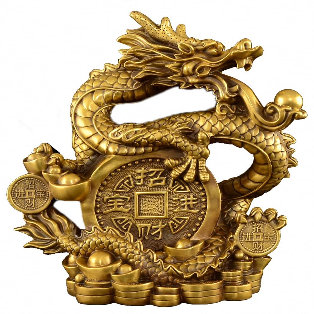 15.6" Brass Gilt Fengshui Classical Dragon Lucky Wealth Zodiac Animal Loong Statue