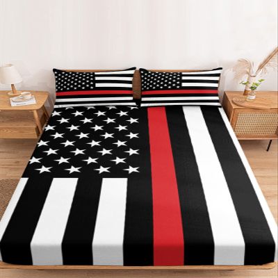 USA Red Line Firefighter Flag Fitted Sheet Set for Full Size Bed 3 Pieces Bedding Sheets-Deep Pocket Bedsheet Fits Mattress Upto 16",2 Pillow Cases Bedroom Decor Star Striped Flags