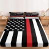 USA Red Line Firefighter Flag Fitted Sheet Set for Full Size Bed 3 Pieces Bedding Sheets-Deep Pocket Bedsheet Fits Mattress Upto 16",2 Pillow Cases Bedroom Decor Star Striped Flags view 1