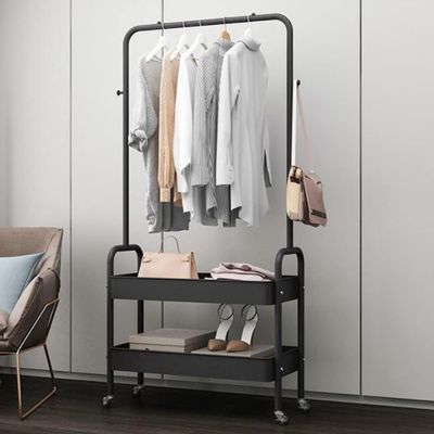 CNCEST 2-Layer Rolling Drying Racks 2-in-1 Drying Racks Metal Basket Drying Racks with Wheels and Hooks for Home Bedroom Laundry Small Place Entrance Black