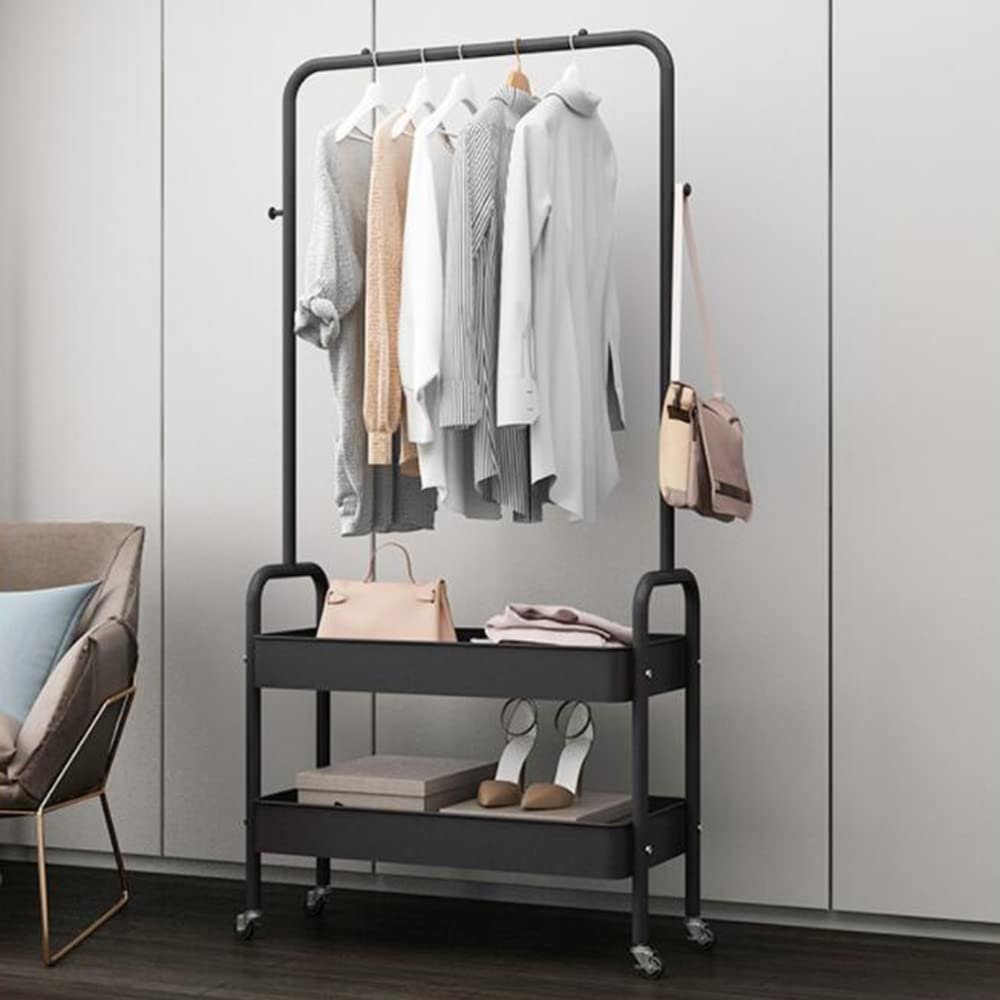CNCEST 2-Layer Rolling Drying Racks 2-in-1 Drying Racks Metal Basket Drying Racks with Wheels and Hooks for Home Bedroom Laundry Small Place Entrance Black