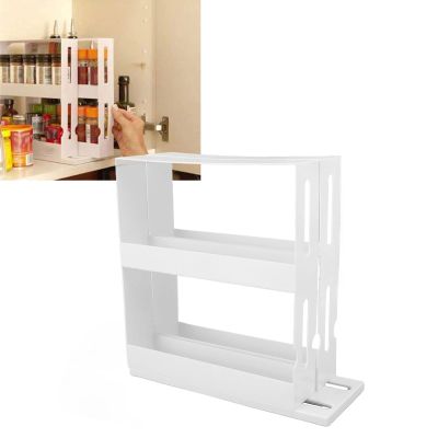 Cyrank Rotating Spice Rack Organizer, White Pull And Rotate Spice Rack Sliding 2 Tier Rack Plastic Seasoning Spice Jar Rack Storage Kitchen Organiser Slide Salt Bottle Box Holder