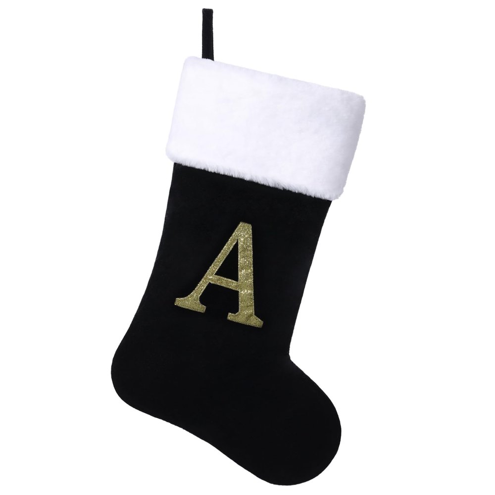 Yehnois 20 Inches Initial Monogram Christmas Stocking Personalized,Deluxe Black Velvet Body with Super Soft Plush Cuff Embroidered Letter,Holiday Season DecorA