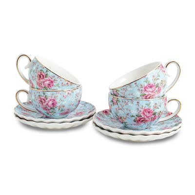 Agyiuns Tea Cup and Saucers, 6.4oz Floral Tea Cups with Gold Trim, Porcelain Teacup, Coffee Cappuccino Espresso Latte Mugs for Party Birthday,Party Cafe Home, Christmas Gift (Blue)
