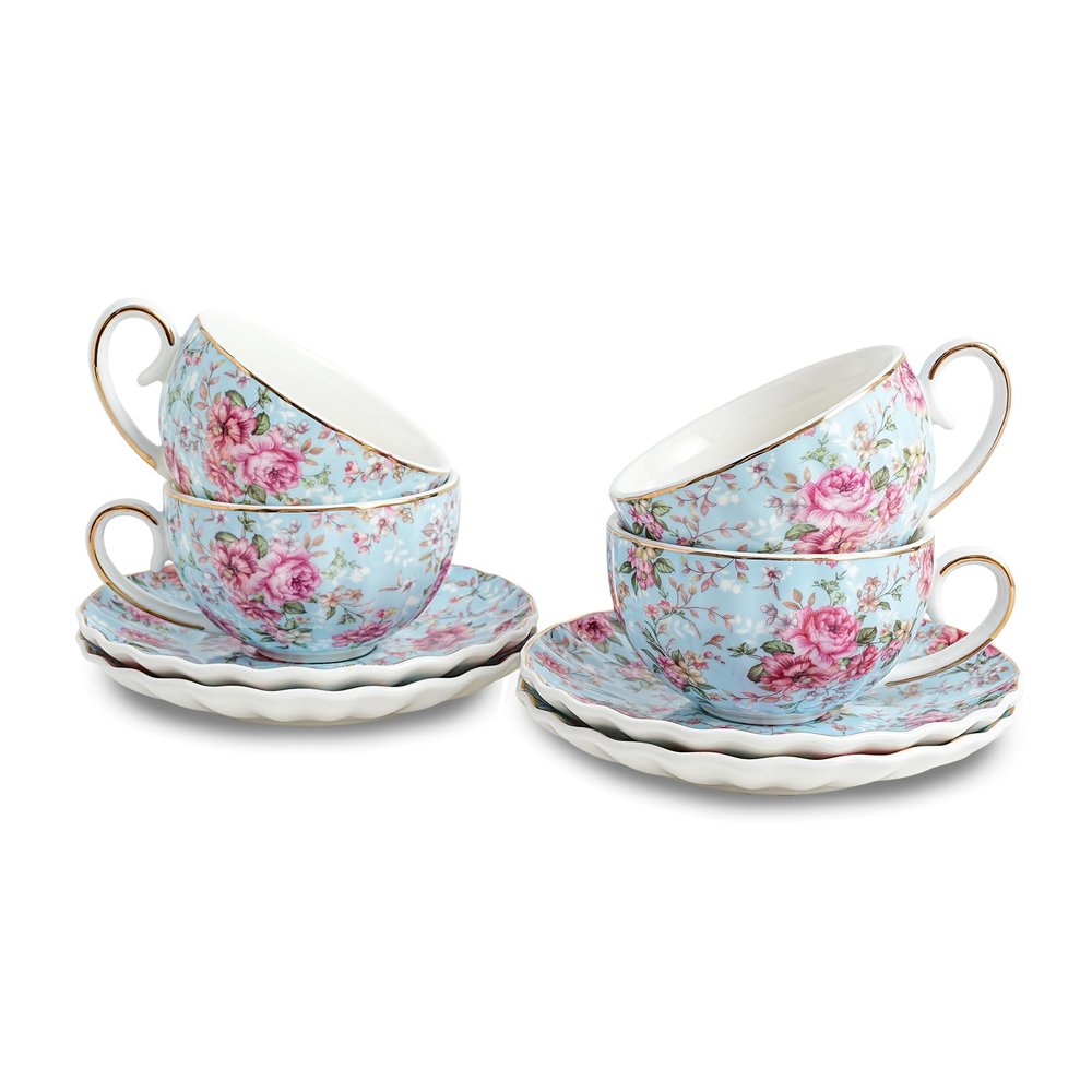 Agyiuns Tea Cup and Saucers, 6.4oz Floral Tea Cups with Gold Trim, Porcelain Teacup, Coffee Cappuccino Espresso Latte Mugs for Party Birthday,Party Cafe Home, Christmas Gift (Blue)