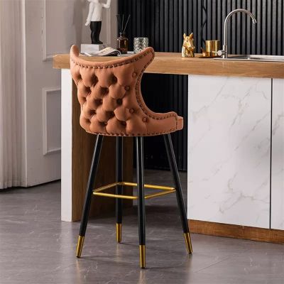 26" Bar Height Barstools Set of 2 with Backs Modern Dining Bar Chairs Contemporary Fabric Upholstered Bar Counter Stools with Nailheads Gold Tipped Black Metal Legs for Kitchen Island ( Color : Orange