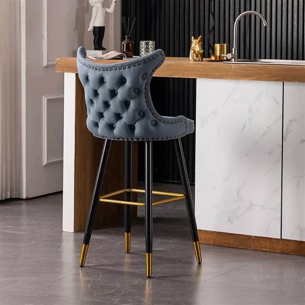 26" Bar Stools Set of 2 Counter Height Contemporary Fabric Upholstered Bar Chairs Counter Stools with Tufted Nailheads and Gold Tipped Metal Legs, Modern Leisure Style Bar Chairs ( Color : Blue )