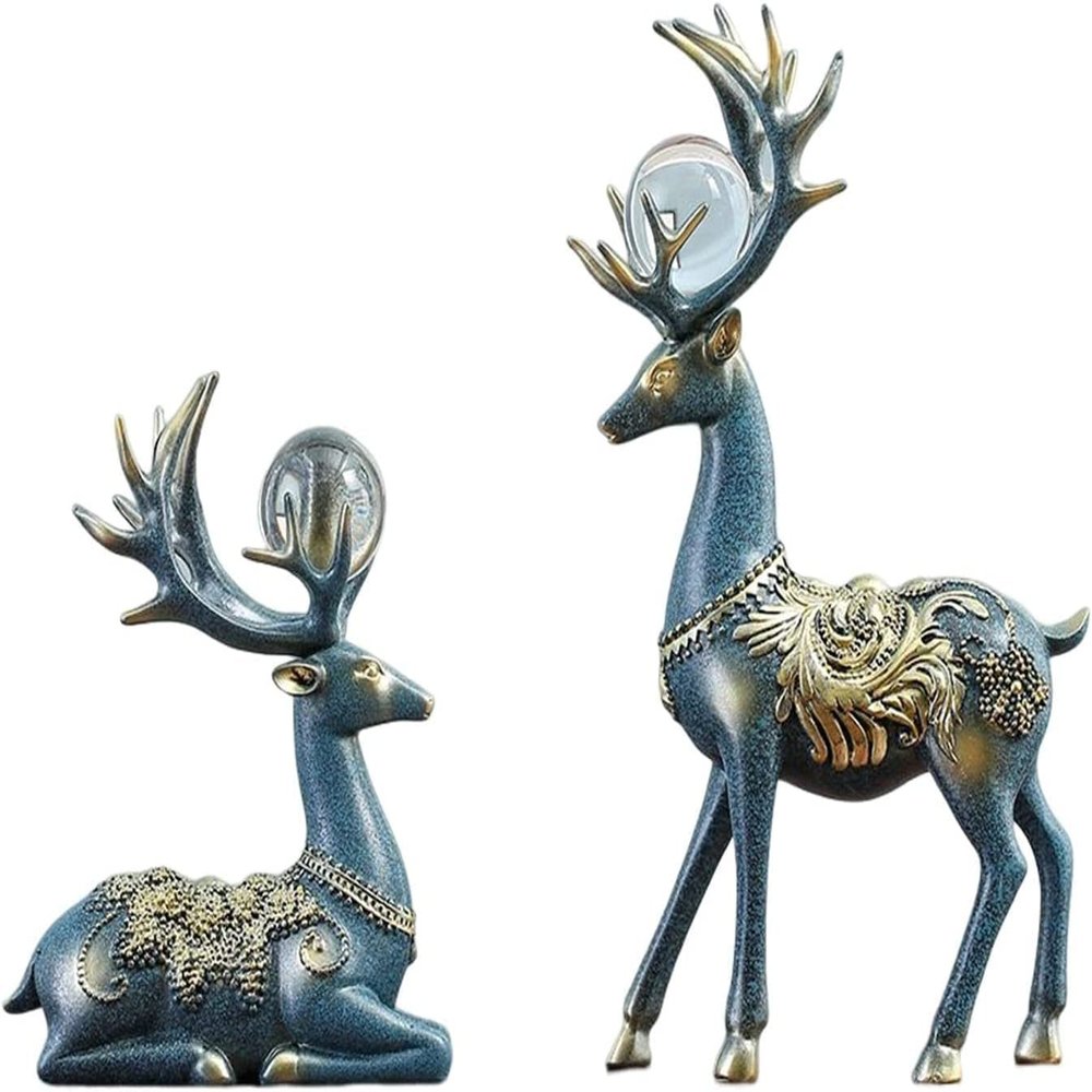 1 Pair Reindeer Figurines Elk Figurines Standing and Sitting Deer Statues Resin Animal Deer Ornament for Xmas Desk Bedroom Office Decoration - Blue