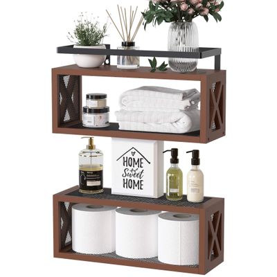 RICHER HOUSE Floating Wood Shelves with Guardrail, Rustic Brown, Wall Mounted, 2 Shelves, Farmhouse Style