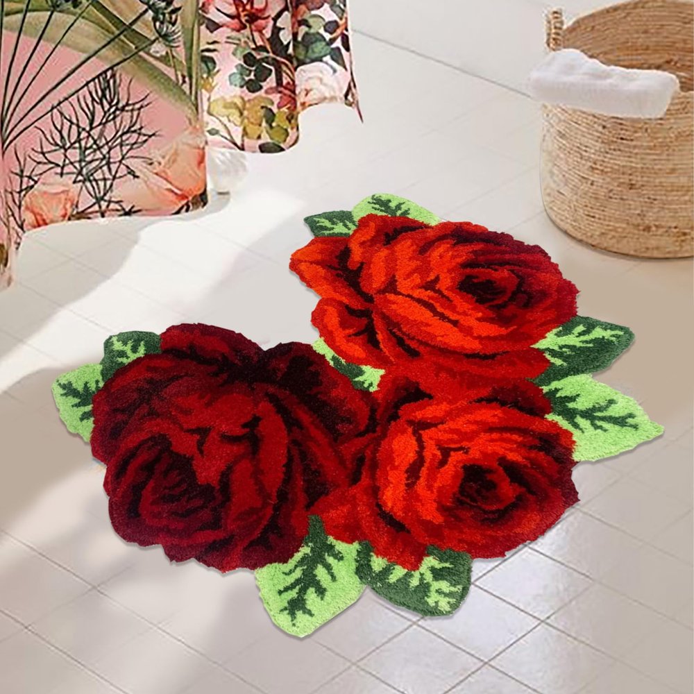Abeigoi Red Rose Bath Rugs,Toilet Rugs U Shaped,Washable Thick Soft Floor Carpet Non-Slip Shaggy Flower Area Rugs for Bathroom Tub Shower,Red
