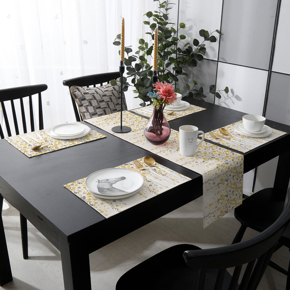 Summer Fall Yellow Leaves Table Mats Set of 6 With Table Runner 90 Inches Long,Cotton Linen Tablerunner Burlap Kitchen Dining Placemats for Wedding/Coffee/Dresser Party,Modern Abstract Grey Floral Art