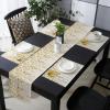 Summer Fall Yellow Leaves Table Mats Set of 6 With Table Runner 90 Inches Long,Cotton Linen Tablerunner Burlap Kitchen Dining Placemats for Wedding/Coffee/Dresser Party,Modern Abstract Grey Floral Art view 2