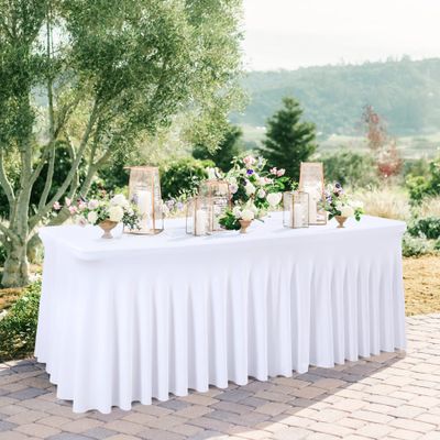 Besutolife White Tablecloths for Rectangle Tables 8ft Spandex Table Skirt One-Piece Wrinkle-Resistant Ruffles Design for Banquets Parties Wedding Dining Table