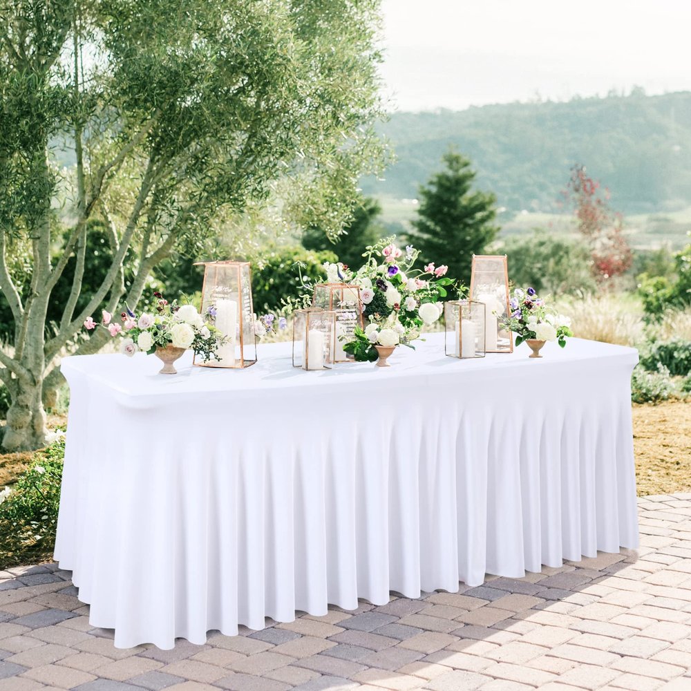 Besutolife White Tablecloths for Rectangle Tables 8ft Spandex Table Skirt One-Piece Wrinkle-Resistant Ruffles Design for Banquets Parties Wedding Dining Table