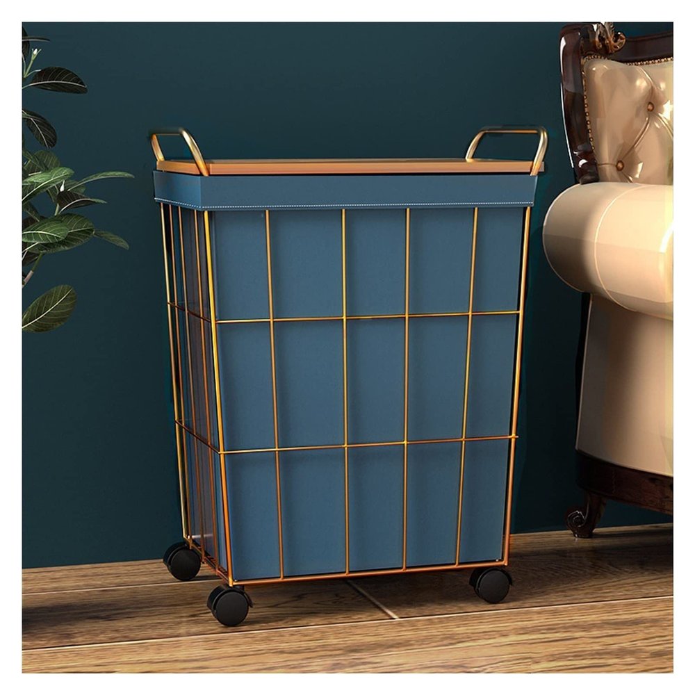 YIORYO Waterproof Laundry Hamper with Lid and Rolling Wheels, Large Metal Laundry Hamper, Iron Wire Laundry Storage Basket with Handles, Suitable for Bedroom Bathroom (Size : Small)