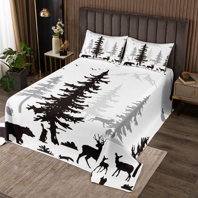 Erosebridal Kawaii Deer Bedspread King Size Bear Rabbit Quilt Set for Kids Boys Girls, Moose Antler Coverlet Set Black Pine Tree Bedding Set, Rustic Farmhouse Bed Cover Soft Cozy