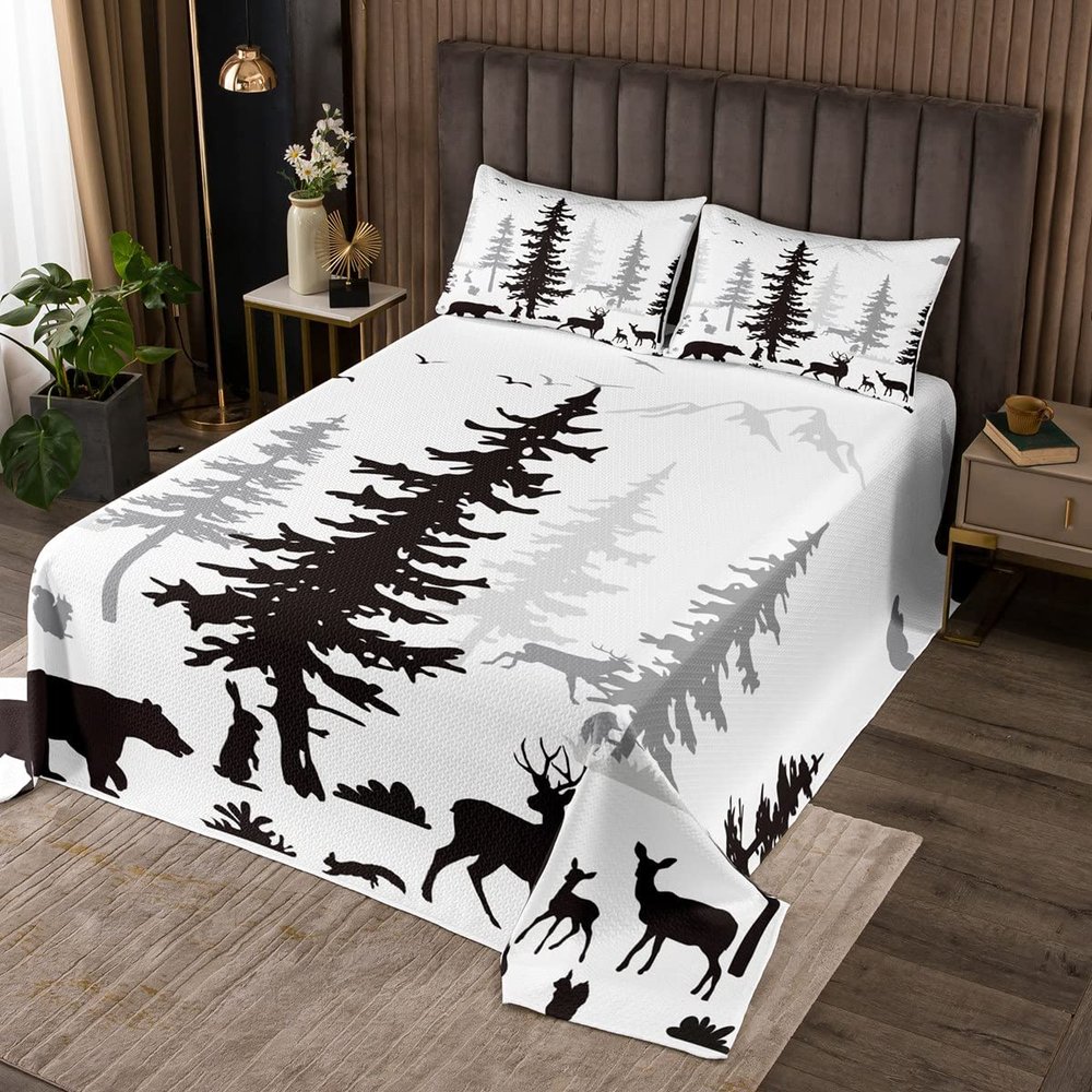 Erosebridal Kawaii Deer Bedspread King Size Bear Rabbit Quilt Set for Kids Boys Girls, Moose Antler Coverlet Set Black Pine Tree Bedding Set, Rustic Farmhouse Bed Cover Soft Cozy
