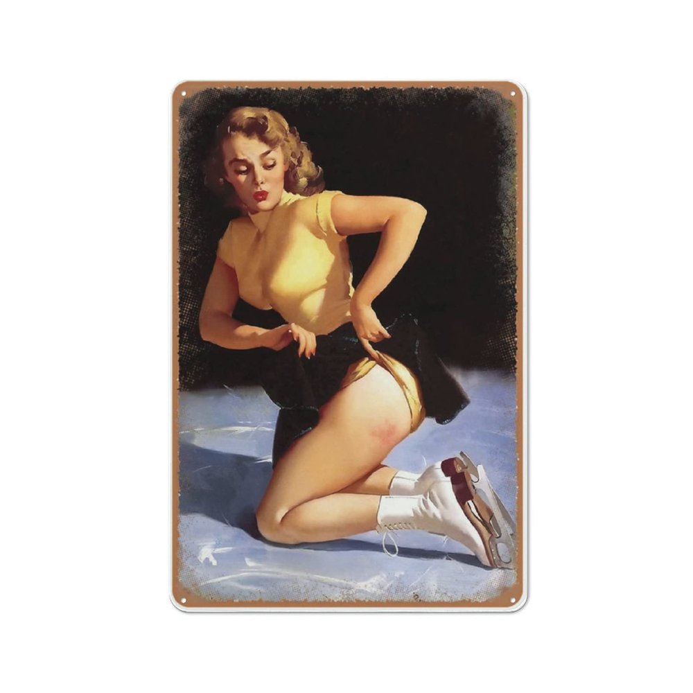 Allijune Metal Pinup Cute Injury Ice Skate Girl 1953 Reproduction, Style Pinup Waitress,Sexy Girl Wall Art, Garage Metal Sign for Man Cave Bar Garage Tools Wall Decor,Metal Tin Sign 5.5 X 8 Inch