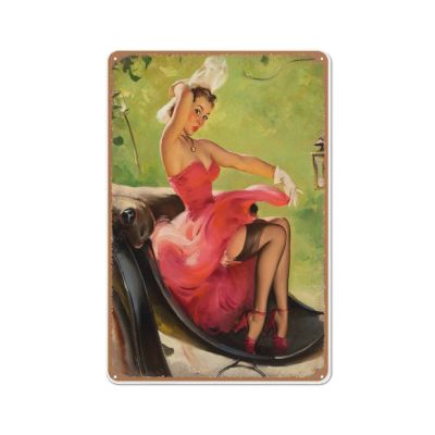 1950 Pinup Sexy Original Oil Canvas Reproduction Fine Art Poster,Sexy Girl Wall Art,Vintage Garage Metal Sign for Man Cave Bar Garage Tools Wall Decor Wall Art, Metal Tin Sign 12 X 16 Inch