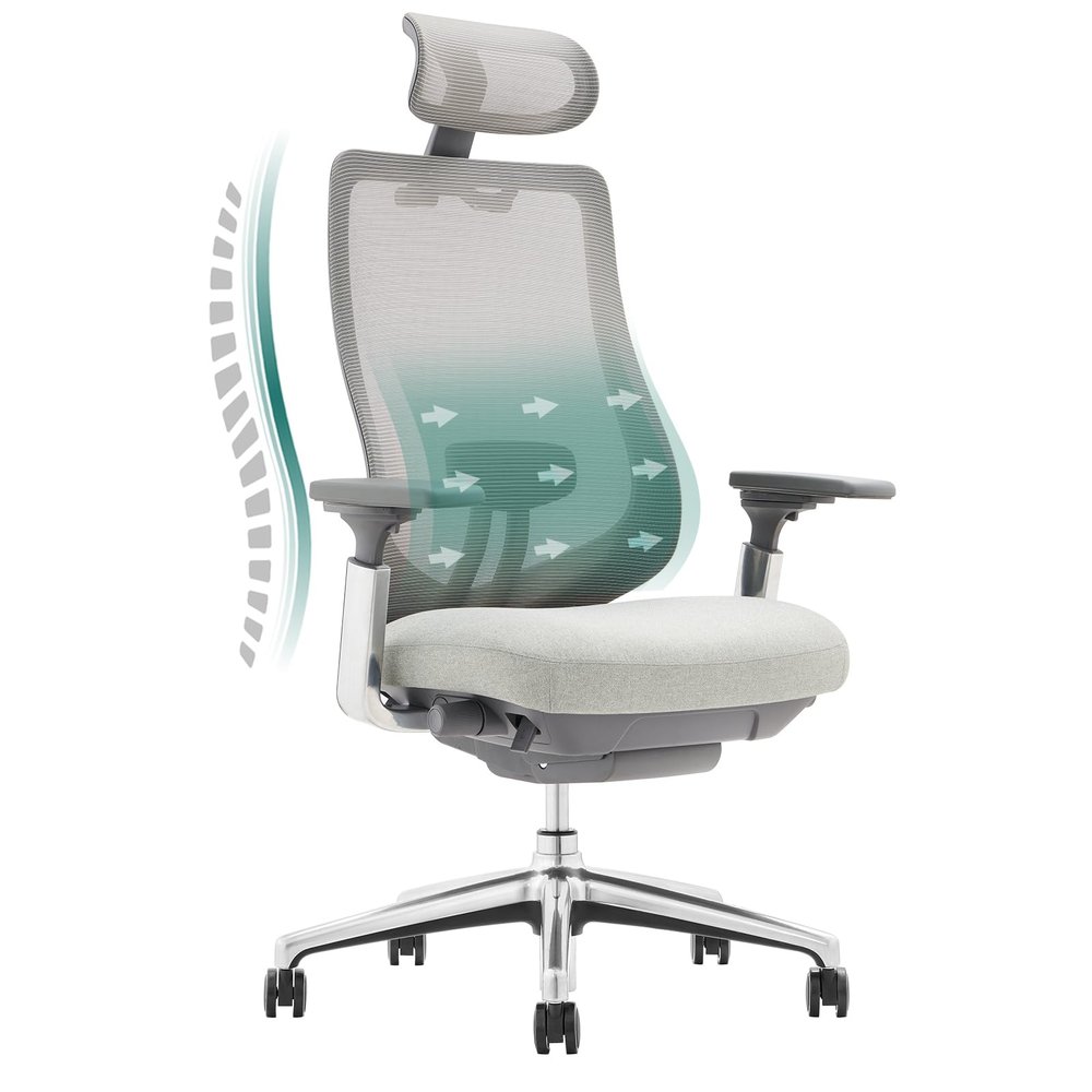COLAMY Ergonomic Mesh Office Chair, High Back Computer Executive Desk Chair with Adjustable Headrest and 4D Arms, Slide Seat, Tilt Lock-Light Grey
