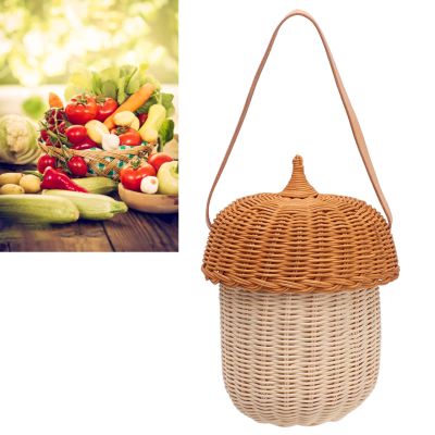 Jeanoko Kids Rattan Storage Basket Hand Woven Decorative Acorn Shaped Basket Bag Wall Hanging Basket Farmhouse Decoration for Boys Girls Photography Props (Large Handbag)