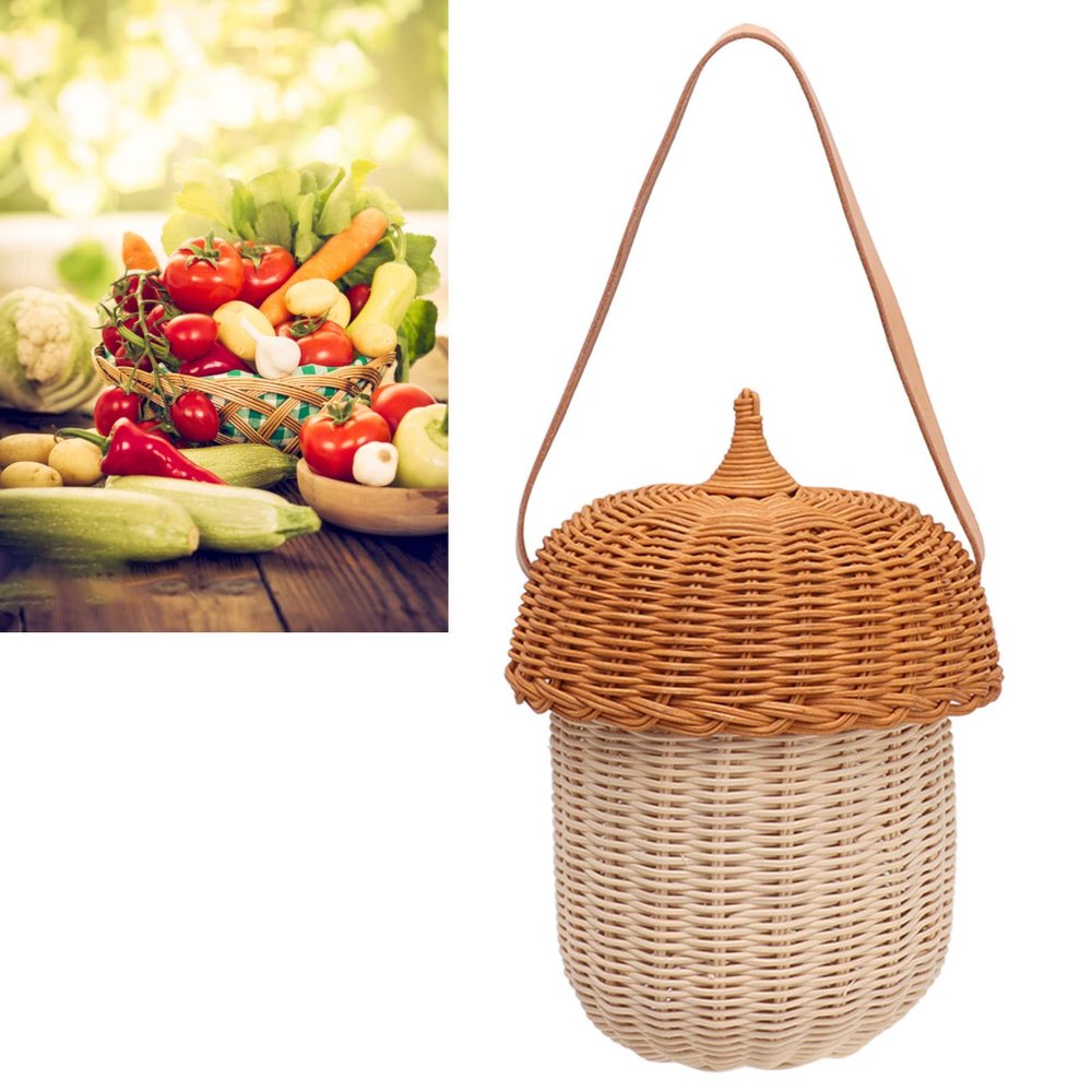 Jeanoko Kids Rattan Storage Basket Hand Woven Decorative Acorn Shaped Basket Bag Wall Hanging Basket Farmhouse Decoration for Boys Girls Photography Props (Large Handbag)