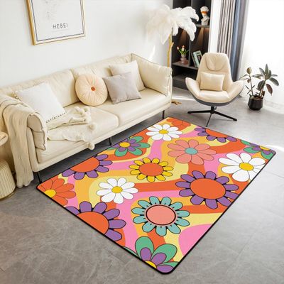 Erosebridal Kids Cute Flowers Living Room Rugs 4'11" x 3'3",Girls Colorful Groovy Floral Area Rugs for Bedside Playroom,Groovy Room Decor Rainbow Stripes Carpet,60S 70S Hippie Non Shedding Accent Rug