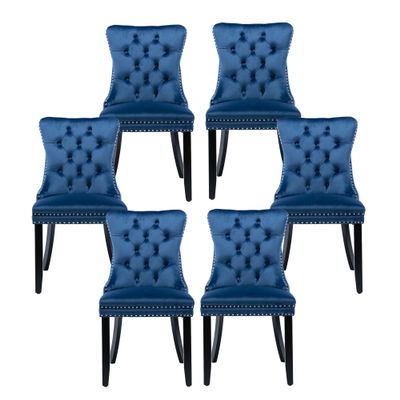 Rhomtree Tufted Dining Chair Modern Velvet Chairs for Dining Room Upholstered Dining Chairs with Nailhead Rivet Trim Design Pull Back Ring for Kitchen Dining Room (Blue, Set of 6)