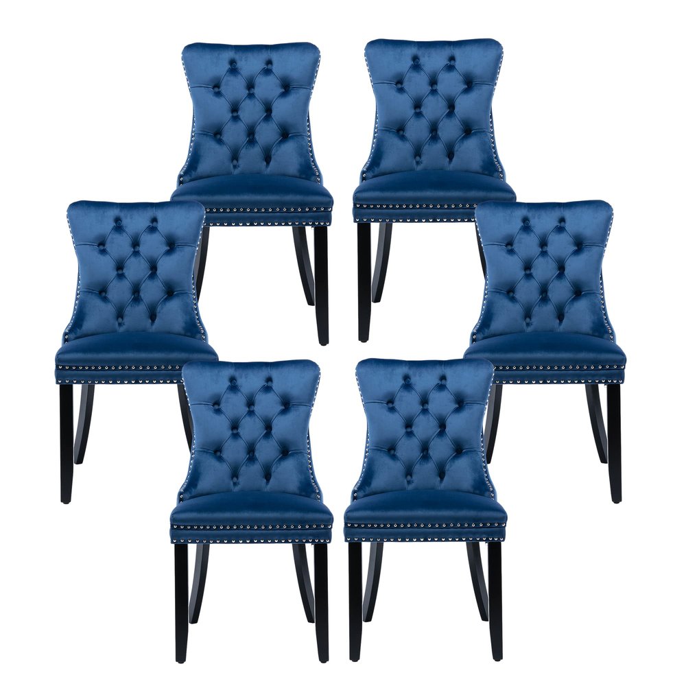 Rhomtree Tufted Dining Chair Modern Velvet Chairs for Dining Room Upholstered Dining Chairs with Nailhead Rivet Trim Design Pull Back Ring for Kitchen Dining Room (Blue, Set of 6)