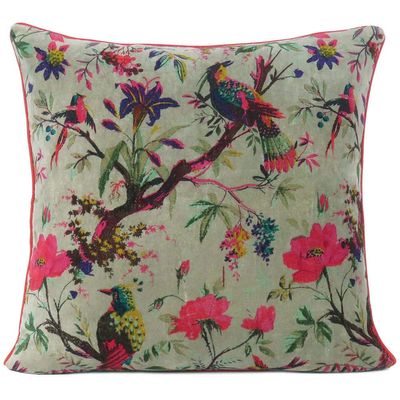 Mam Treasures Velvet Floral Flower Bird Throw Pillow Sofa Cushion Cover Case Couch Bohemian Accent Colorful Boho Chic Indian Handmade Cover Only (20X20 Inches, Olive)