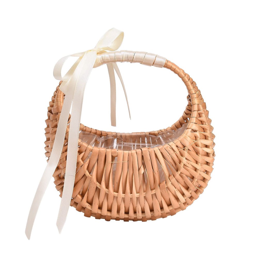 Mokylor 2Pcs Rattan Flower Basket, Handwoven Basket Wedding Flower Girl Baskets Flower with Handle Mini Straw Rattan Flower Arrangement Baskets for Wedding Home Decor (#1)