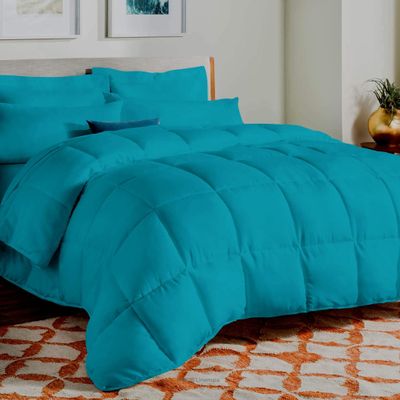 AHJ Beddings Comforter Set 7 Piece Bed in a Bag with 300GSM Comforter and 15 inch Deep Pocket Sheet Set - 600 Thread Counts, 100% Egyptian Cotton - Olympic Queen Size, Turquoise Blue Solid