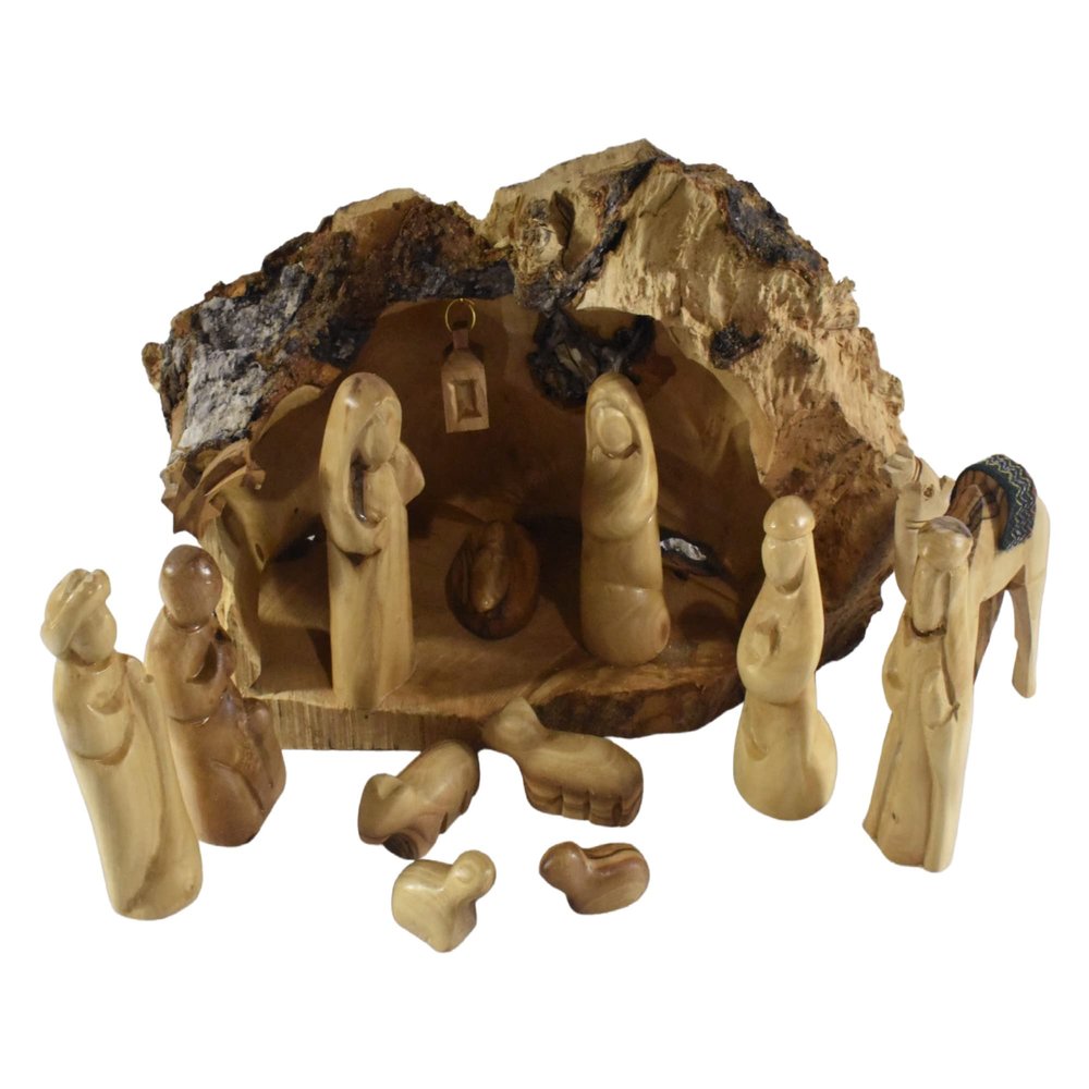 Bethlehem Nativity Scene Set Carved Inside an Olive Root Branch, Wooden Manger Scene Nativity for Christmas Decorations, Holy Land
