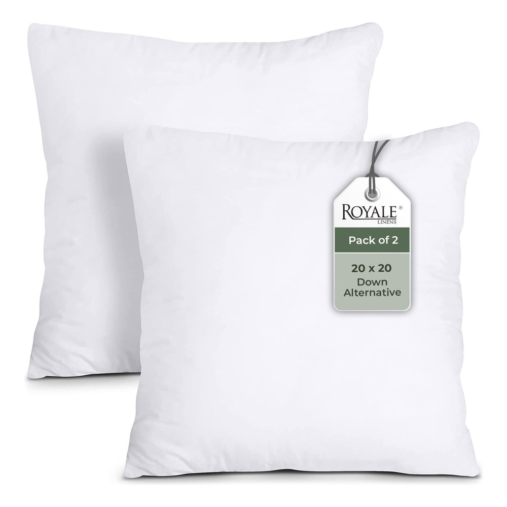 ROYALE LINENS 20 x 20 Pillow Insert - Down Alternative Throw Pillows Insert - Square Pillow Pack of 2 White - Bed & Couch Pillows - Inner Cushion for Bed, Cushion for Living Room - Shams Stuffer