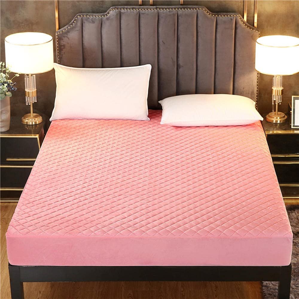 Hotel Quality Bed Sheet,Crystal Velvet Quilted Thickened Warm Mattress Protector, Bedroom Homestay Solid Color Non Slip Bed Sheets Mattress Pad (Pink 180 * 200cm+30cm)