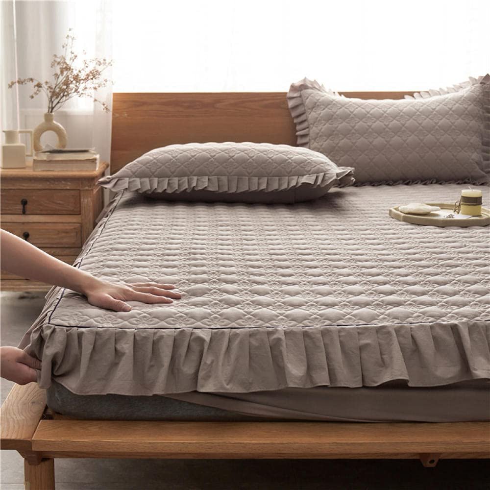 Extra Deep Pocket Sheets,Thick Cotton Quilted Mattress Protector, Bedroom Hotel Homestay Solid Color Bed Cover Mattress Protector (Khaki 200cmx220cm+30cm)