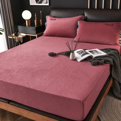 Bed Sheet Set,Warm Thick Crystal Velvet Deep Pocket Fitted Sheet, Solid Color Mattress Protector for Adult Bedroom Bed Cover (Red 150 * 200cm)