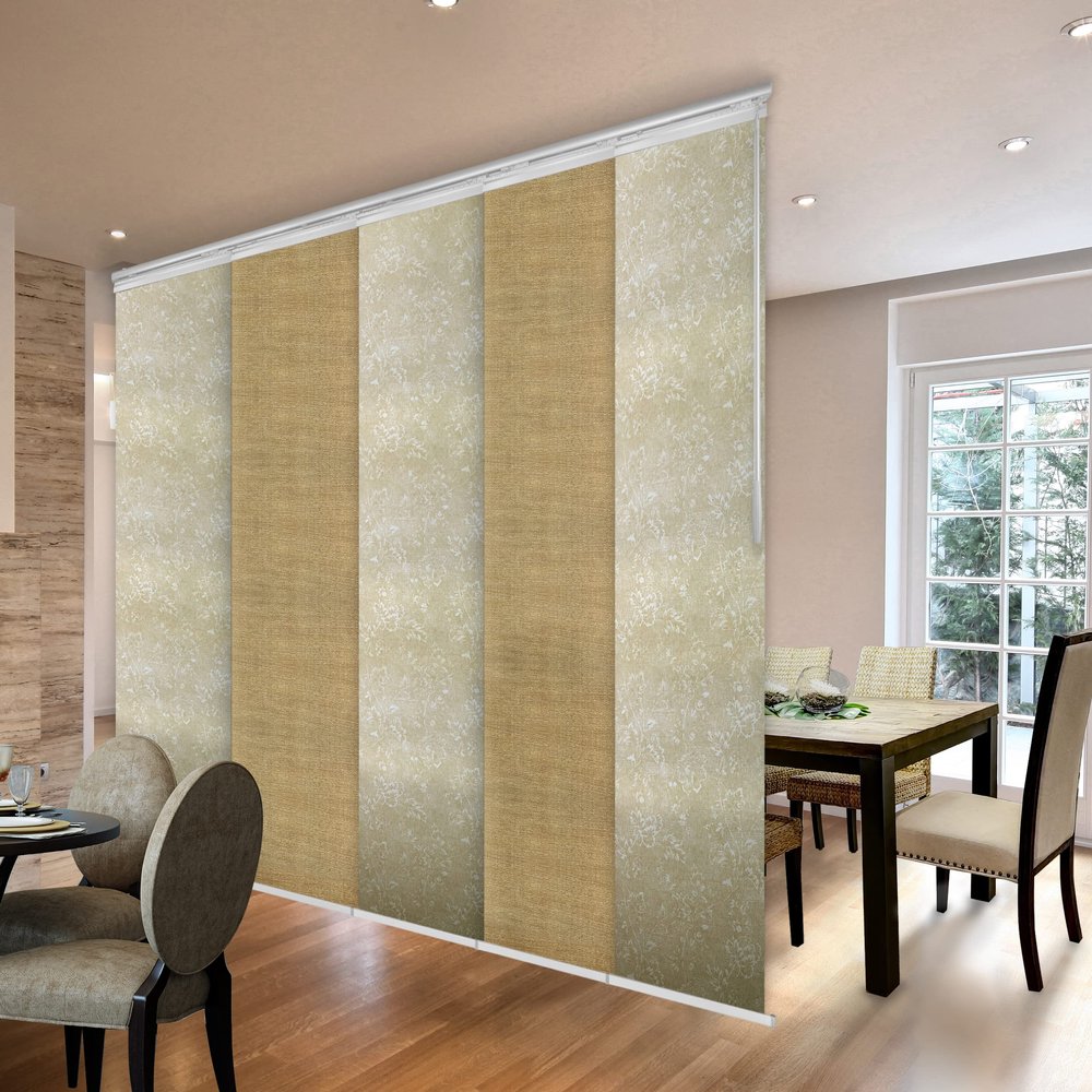 5-Panel Single Rail White Panel Track Extendable 58"-110" W x 94" H, Panel Width 23.5", Honey, Dahlia