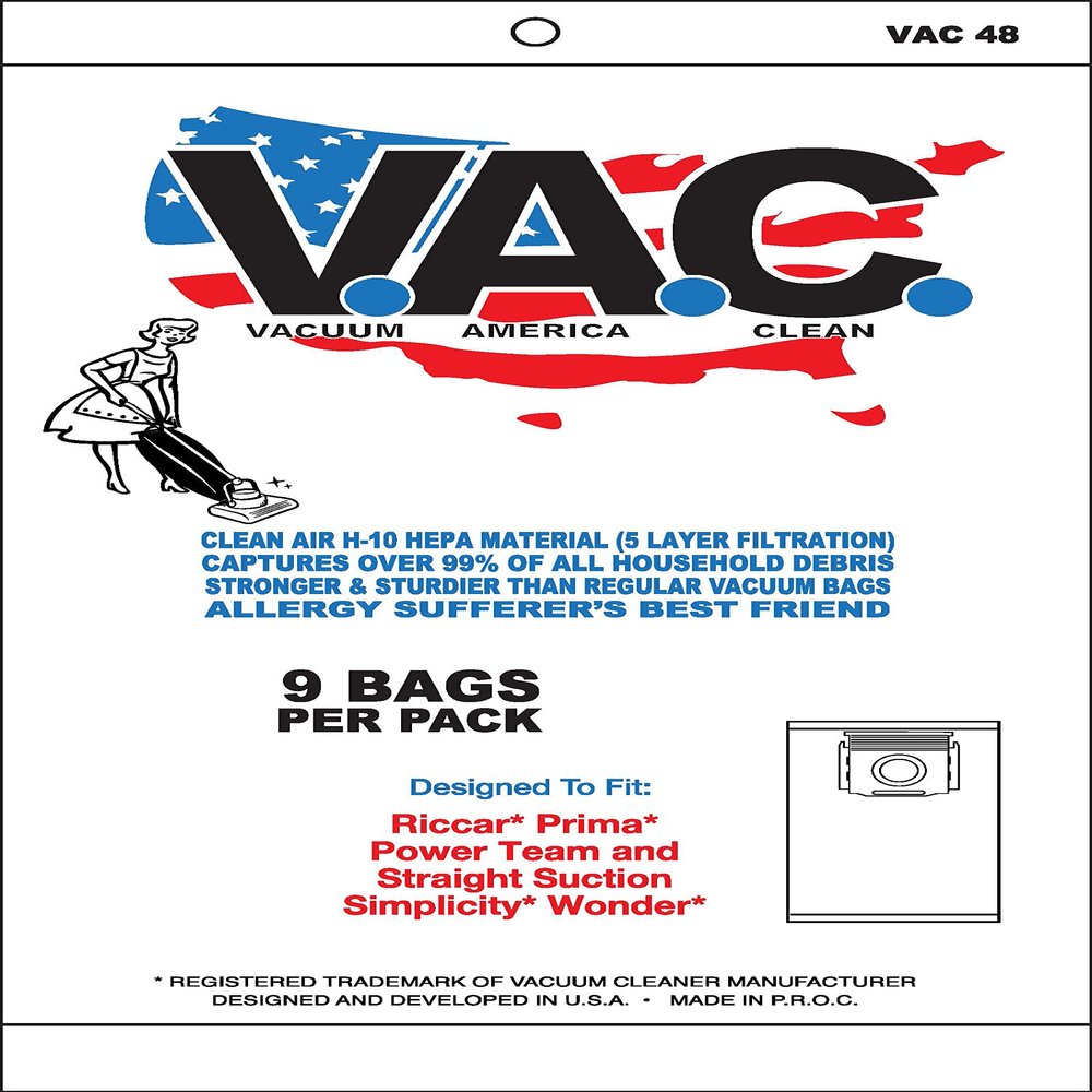 Vacuum America Clean Vac 48 Riccar Prima, PowerTeam & Straight Suction Simplicity Wonder H-10 HEPA Filtration Vacuum Bags (Pack of 9)