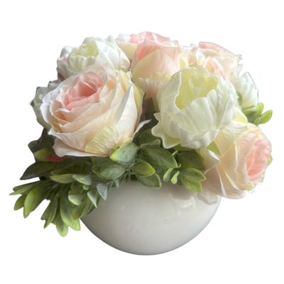 Roses and Peonies (Real Touch Peonies) Artificial Faux Centerpiece, Silk Flowers in Ceramic Vase for Decor