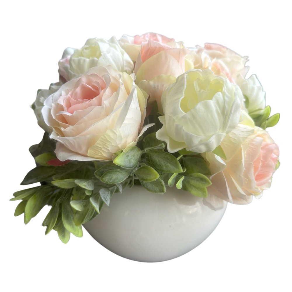 Roses and Peonies (Real Touch Peonies) Artificial Faux Centerpiece, Silk Flowers in Ceramic Vase for Decor