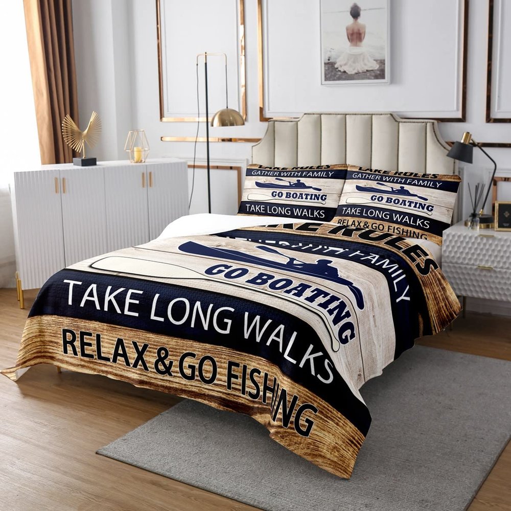 Lake Rules Bedspread Set Queen Size for Kids,Boys Girls Rustic Farmhouse Quilt Set Go Boating Bedspread Coverlet Camp Lover Bedspread 3 Piece Decorative Bedding Quilted with 2 Pillow Shams