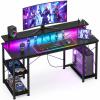 ODK 48 inch Gaming Desk with LED Lights & Power Outlets, Computer Desk with Monitor Stand & Storage Shelves, CPU Stand, Home Office Desk, Black view 1
